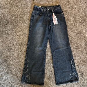 High-Rise Wide-Leg Flame Hem Jeans in Dark Blue